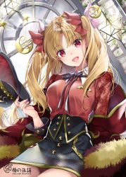 Rule 34 | 1girl, akatsuki hijiri, black hat, blonde hair, ereshkigal (fate), ereshkigal (under the same sky) (fate), fate/grand order, fate (series), hat, highres, looking at viewer, open mouth, red eyes, red shirt, sample watermark, shirt, skirt, smile, smiley face, solo, star (symbol), twintails, watermark