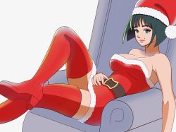 Rule 34 | 1girl, armchair, bare shoulders, belt, black hair, blue eyes, boots, breasts, chair, christmas, crossed legs, dress, eyelashes, fur trim, guilty gear, hat, high heel boots, high heels, highres, i-no, j.d. thunderhawk, lips, looking at viewer, medium breasts, mole, mole above mouth, reclining, red footwear, red hat, santa costume, santa hat, short dress, short hair, sitting, solo, strapless, strapless dress, thigh boots, thighhighs, white background, zettai ryouiki