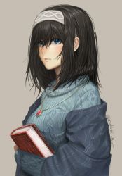 Rule 34 | 10s, 1girl, aran sweater, black hair, blue eyes, blush, book, breasts, cable knit, hairband, holding, holding book, idolmaster, idolmaster cinderella girls, jewelry, long hair, looking at viewer, pendant, ribbed sweater, sagisawa fumika, shawl, solo, sweater, twitter username, usukuti
