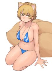 Rule 34 | 1girl, :/, absurdres, animal ears, arm support, bikini, blonde hair, blue bikini, breasts, chanta (ayatakaoisii), collarbone, expressionless, fox ears, fox tail, highres, large breasts, looking to the side, multiple tails, navel, no headwear, short hair, simple background, sitting, slit pupils, solo, swimsuit, tail, toes, touhou, white background, yakumo ran, yokozuwari