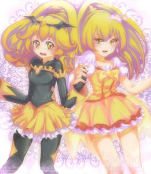Rule 34 | 2girls, alternate costume, bad end peace, bad end precure, bat (animal), bike shorts, black bodysuit, blonde hair, bodysuit, bow, breasts, choker, cosplay, costume switch, cure peace, dark persona, dress, fingerless gloves, gloves, hair flaps, hair ornament, kise yayoi, long hair, magical girl, medium breasts, multiple girls, open mouth, peruri, ponytail, precure, shorts, shorts under skirt, skirt, smile, smile precure!, tears, tiara, v, wrist cuffs, yellow bow, yellow dress, yellow eyes, yellow shorts, yellow skirt