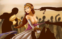 Rule 34 | 1girl, absurdres, angry, bare shoulders, bdsm, bondage, bound, breasts, brown hair, crowd, crown, dress, gloves, grabbing another&#039;s hair, highres, long hair, nintendo, nipples, open mouth, outdoors, pointy ears, princess, princess zelda, public indecency, restrained, solo focus, the legend of zelda, the legend of zelda: twilight princess, tiara, topless, torn clothes, torn dress