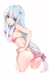 Rule 34 | 10s, 1girl, :o, armpits, ass, bare shoulders, blunt bangs, blush, bow, bra, breasts, colored eyelashes, commentary request, cropped legs, embarrassed, eromanga sensei, from behind, gradient hair, grey background, hair bow, highres, izumi sagiri, kamon (shinshin), leaning forward, long hair, looking back, low-tied long hair, medium breasts, multicolored hair, open mouth, panties, pink bow, pink bra, pink hair, pink panties, raised eyebrows, side-tie panties, sideboob, sidelocks, simple background, solo, standing, sura (mana0703), tareme, thighs, underwear, underwear only, untied panties, very long hair