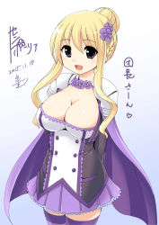 Rule 34 | 10s, 1girl, 2015, blonde hair, blue background, braid, breasts, cape, cleavage, cowboy shot, dated, flower, flower knight girl, french braid, gradient background, hair bun, hair flower, hair ornament, happy, highres, large breasts, looking at viewer, name connection, object namesake, purple eyes, purple skirt, purple thighhighs, saintpaulia (flower knight girl), short hair, sidelocks, signature, single hair bun, skirt, smile, solo, tada327m, tadano myoushi, thighhighs, white background