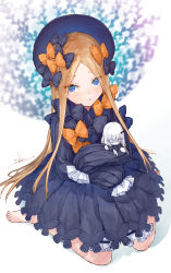 Rule 34 | 1girl, abigail williams (fate), bad id, bad pixiv id, barefoot, black bow, black dress, black headwear, blonde hair, bloomers, blue eyes, blush, bow, dress, fate/grand order, fate (series), feet, forehead, hair bow, highres, holding, holding stuffed toy, io (io oekaki), long hair, long sleeves, looking at viewer, open mouth, orange bow, parted bangs, ribbed dress, sitting, sleeves past fingers, sleeves past wrists, solo, stuffed animal, stuffed toy, teddy bear, underwear, wariza, white bloomers