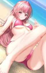 Rule 34 | 1girl, alternate costume, ass, beach, bikini, blurry, blurry background, blurry foreground, blush, breasts, cameltoe, commentary, day, depth of field, dutch angle, english commentary, eyelashes, feet, foot out of frame, hair intakes, hand up, highres, hololive, hololive english, knees together feet apart, knees up, legs, long hair, looking at viewer, lying, medium breasts, mori calliope, on back, outdoors, partially visible vulva, pink bikini, pink hair, red eyes, shadow, shiny skin, side-tie bikini bottom, sidelocks, smile, solo, swimsuit, thighs, toes, underboob, virtual youtuber, wakaunderblade7