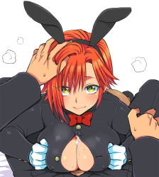 Rule 34 | 1boy, 1girl, adapted costume, animal ears, ass, asymmetrical bangs, black footwear, blush, bow, bowtie, breasts, breasts squeezed together, button gap, center opening, covered erect nipples, cum, cum in clothes, cum on body, cum on breasts, cum on upper body, cum through clothes, ejaculation, eroe, fake animal ears, gakuran, genderswap, genderswap (mtf), girl on top, gloves, green eyes, hand on another&#039;s head, happy, hasumi souji (eroe), hetero, igarashi kyou (eroe), large breasts, leotard, looking at viewer, lying, no bra, on stomach, orange hair, original, paizuri, pantyhose, playboy bunny, pov, rabbit ears, rabbit tail, red bow, school uniform, short hair, smile, solo focus, spread legs, tail, white background, white gloves