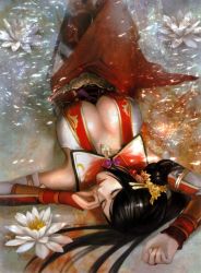 Rule 34 | 1girl, absurdres, artist request, bare shoulders, black hair, breasts, cleavage, earrings, closed eyes, flower, hair bun, hair ornament, highres, huge filesize, jewelry, large breasts, lian shi, lips, long hair, lying, necklace, official art, on back, partially submerged, scan, shin sangoku musou, single hair bun, solo