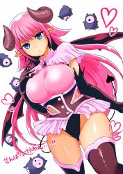 Rule 34 | 1girl, :o, bad id, bad twitter id, black leotard, blue eyes, breasts, commentary request, corset, cowboy shot, demon girl, demon horns, demon tail, demon wings, frills, hand on own chest, heart, highres, horns, large breasts, leotard, long hair, looking at viewer, nikaidou kou, original, pink hair, pointy ears, simple background, solo, standing, tail, thighhighs, translation request, white background, wings