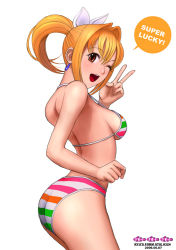 Rule 34 | 00s, 1girl, arched back, ass, bikini, blonde hair, breasts, from side, hair intakes, halterneck, marin (umi monogatari), medium breasts, one eye closed, open mouth, ponytail, red eyes, ryu (ryu&#039;s form site), sideboob, smile, solo, striped bikini, striped clothes, swimsuit, umi monogatari, underboob, v, wink
