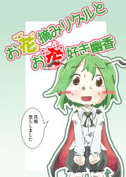 Rule 34 | 1girl, antennae, blush, cape, collared shirt, commentary request, cover, green hair, long sleeves, nervous, open mouth, shirt, short hair, shorts, solo, suo (suoscoffee), sweat, text focus, touhou, translation request, wriggle nightbug
