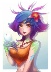 Rule 34 | 1girl, absurdres, blue hair, breasts, cleavage, flower, hair flower, hair ornament, highres, league of legends, lipstick, reptile girl, looking at viewer, makeup, mascara, medium breasts, multicolored hair, neeko (league of legends), parted lips, purple hair, sideboob, slit pupils, smile, solo, tank top, two-tone hair, upper body, yellow eyes