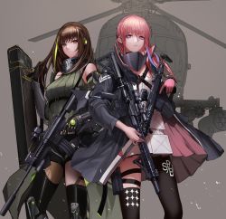 Rule 34 | 2girls, aircraft, ar-15, arm guards, armband, armor, assault rifle, black cloak, black eyes, black gloves, black hair, blonde hair, braid, breasts, cloak, closed mouth, clothes around waist, detached sleeves, dress, dual wielding, expressionless, floating hair, gas mask, girls&#039; frontline, gloves, gun, hair between eyes, hair ornament, headgear, headphones, helicopter, highres, holding, holding gun, holding strap, holding weapon, holster, jacket, jacket around waist, light particles, logo, long hair, long sleeves, looking at viewer, m4 carbine, m4a1 (girls&#039; frontline), magpul, mask, medium breasts, mod3 (girls&#039; frontline), monaim, multicolored hair, multiple girls, outdoors, parted lips, pink eyes, pink hair, ponytail, ribbed legwear, ribbed sweater, ribbon, rifle, scarf, sidelocks, single thighhigh, smile, st ar-15 (girls&#039; frontline), standing, streaked hair, sweater, sweater vest, tactical clothes, thigh holster, thigh strap, thighhighs, thighs, torn clothes, trigger discipline, very long hair, weapon, weapon case, white hair