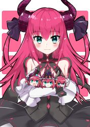 Rule 34 | 4410 (kanimiso), 4girls, :&gt;, :d, absurdres, black dress, blue eyes, blush, chibi, closed mouth, colored skin, commentary request, cowboy shot, curled horns, detached sleeves, dragon girl, dragon horns, dragon tail, dress, drill, elizabeth bathory (brave) (fate), elizabeth bathory (fate), elizabeth bathory (fate/extra ccc), elizabeth bathory (first ascension) (fate), elizabeth bathory (halloween caster) (fate), fang, fate/grand order, fate (series), grey skin, hat, highres, holding, holding sword, holding weapon, horns, long hair, long sleeves, looking at viewer, mecha eli-chan (fate), mini person, minigirl, multicolored eyes, multiple girls, multiple persona, open mouth, pink background, pink eyes, pink hair, purple hat, smile, sword, tail, tiara, two-tone background, two side up, very long hair, weapon, witch hat, wrist cuffs