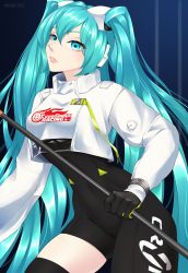 Rule 34 | 1girl, absurdres, artist request, asymmetrical bodysuit, black bodysuit, blue eyes, blue hair, bodysuit, breasts, clothes writing, eyes visible through hair, goodsmile racing, hatsune miku, highres, long hair, looking at viewer, non-web source, racing miku, racing miku (2022), smile, solo focus, source request, twintails, vocaloid