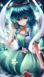 Rule 34 | 1girl, belt, blue dress, blue eyes, blue hair, dress, flower, hair ornament, hair rings, hair stick, highres, jacket, kaku seiga, looking at viewer, maho moco, matching hair/eyes, outstretched arm, puffy sleeves, shawl, short hair, short sleeves, simple background, smile, solo, touhou