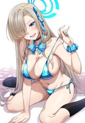 Rule 34 | 1girl, absurdly long hair, arm support, asuna (blue archive), bare shoulders, bikini, blonde hair, blue archive, blue bikini, blue bow, blue bowtie, blue eyes, blue ribbon, blush, bow, bowtie, breasts, cleavage, hair over one eye, hair ribbon, halo, highres, large breasts, light brown hair, long hair, looking at viewer, mole, mole on breast, nail polish, navel, official alternate costume, open mouth, ribbon, run p (aveton), shiny swimsuit, simple background, sitting, smile, solo, string bikini, swimsuit, very long hair, wariza, white background