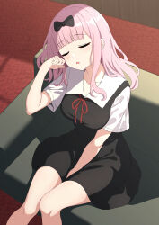 Rule 34 | 1girl, absurdres, arm between legs, black bow, black dress, blunt bangs, bow, breasts, carpet, closed eyes, collared dress, commentary request, couch, dot nose, dress, feet out of frame, fujiwara chika, hair bow, highres, indoors, kaguya-sama wa kokurasetai ~tensai-tachi no renai zunousen~, large breasts, light blush, long hair, on couch, open mouth, partial commentary, pink hair, pogeepoge, red ribbon, ribbon, school uniform, short sleeves, shuuchiin academy school uniform, sitting, sleeping, solo, summer uniform, window shadow
