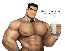 Rule 34 | 1boy, abs, arm hair, bara, black hair, chest hair, closed mouth, cup, detached collar, english text, facial hair, highres, holding, holding cup, kaysuoae, large pectorals, looking at viewer, lucas lee, male focus, milk, muscular, muscular male, navel, nipples, nude, pectorals, scott pilgrim (series), scott pilgrim takes off, short hair, smile, solo, upper body, wrist cuffs