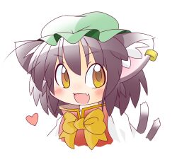 Rule 34 | 1girl, :d, animal ear piercing, bow, bowtie, brown eyes, brown hair, cat tail, chen, commentary request, cropped torso, earrings, fang, green headwear, heart, jewelry, looking to the side, multiple tails, nekomata, open mouth, ruto5102, short hair, simple background, single earring, skin fang, smile, solo, tail, touhou, two tails, upper body, white background, yellow bow, yellow bowtie