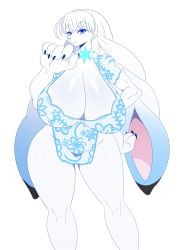 Rule 34 | 1girl, :3, absurdres, animal ears, animal hands, blue eyes, blue hair, blue theme, breasts, china dress, chinese clothes, cleavage, curvy, dahlia (xenoblade), dress, eric lowery, eyelashes, full body, furry, furry female, hand on own hip, highres, huge breasts, ice, long hair, looking at viewer, nintendo, rabbit, rabbit ears, rabbit girl, simple background, smile, solo, tsuki (xenoblade 2), very long hair, white background, white hair, wide hips, xenoblade chronicles (series), xenoblade chronicles 2