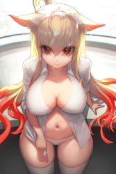Rule 34 | 1girl, absurdres, animal ears, blonde hair, breasts, chromatic aberration, cleavage, closed mouth, commission, dungeon and fighter, egk513, ellin meiji, eyes visible through hair, hair between eyes, highres, huge filesize, large breasts, long hair, looking at viewer, multicolored hair, navel, panties, red eyes, red hair, shirt, solo, thighhighs, two-tone hair, underwear, white panties, white shirt, white thighhighs