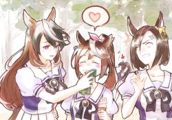 Rule 34 | 4girls, ^^^, air groove (umamusume), anger vein, animal ears, bandaid, bandaid on face, bandaid on nose, black hair, bow, bowtie, brown hair, closed eyes, collarbone, commentary, earrings, food, food on face, hair flaps, handkerchief, heart, high ponytail, highres, holding, holding handkerchief, horse ears, horse girl, horse tail, ice cream, jewelry, long hair, mouth hold, multiple girls, musical note, narita brian (umamusume), pink bow, pleated skirt, puffy short sleeves, puffy sleeves, purple bow, purple bowtie, purple eyes, purple shirt, sailor collar, sailor shirt, school uniform, shirt, short sleeves, sidelocks, silver hair, single earring, skirt, spoken heart, spoken musical note, stalk in mouth, summer uniform, symboli rudolf (umamusume), tail, thighhighs, tokai teio (umamusume), tracen school uniform, umamusume, white legwear, white skirt, wiping mouth, yellow bow, yuhkiano