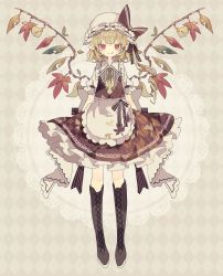 Rule 34 | 1girl, adapted costume, apron, argyle, argyle background, argyle clothes, black footwear, blonde hair, blush, boots, closed mouth, cross-laced footwear, flandre scarlet, frilled skirt, frills, full body, ginkgo leaf, hat, highres, knee boots, lace-up boots, leaf, long hair, maple leaf, mob cap, nikorashi-ka, pointy ears, red eyes, red skirt, red vest, side ponytail, skirt, smile, solo, tongue, tongue out, touhou, vest, waist apron, white apron, white hat, wings
