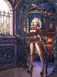 Rule 34 | 1girl, black footwear, blonde hair, braid, breasts, cleavage, closed mouth, corset, full body, high heels, highres, holding, holding weapon, legs apart, leotard, looking at viewer, original, pointy ears, reflective floor, scythe, solo, standing, tea sly, twin braids, twintails, weapon, yellow eyes