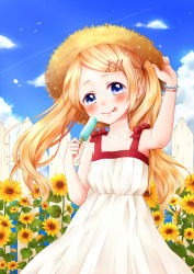Rule 34 | 1girl, :p, adjusting clothes, adjusting headwear, arm up, bare shoulders, blonde hair, blue sky, blush, bracelet, cloud, collarbone, cowboy shot, day, dress, fence, flower, food, hair ornament, hairclip, hat, head tilt, highres, jewelry, koro (ktdfn956), long hair, looking at viewer, original, parted bangs, plant, popsicle, purple eyes, sky, sleeveless, sleeveless dress, smile, solo, straw hat, sundress, sunflower, tongue, tongue out, twintails, white dress, wooden fence