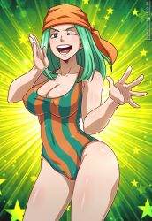 Rule 34 | 1girl, artist name, bandana, black eyes, boku no hero academia, breasts, green hair, highres, looking at viewer, ms. joke, one-piece swimsuit, one eye closed, sano br, smile, striped clothes, striped one-piece swimsuit, swimsuit, teeth, vertical-striped clothes, vertical-striped one-piece swimsuit, wide hips, wink