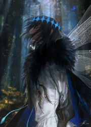 Rule 34 | 1boy, au (d elete), black cloak, black hair, cloak, closed eyes, crown, day, fate/grand order, fate (series), forest, fur trim, highres, insect wings, light particles, long sleeves, male focus, medium hair, nature, oberon (fate), oberon (third ascension) (fate), outdoors, profile, shirt, solo, spoilers, twitter username, white shirt, wings