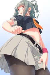Rule 34 | 1girl, belt, blue background, blush, breasts, brown eyes, cropped shirt, dd (ijigendd), from below, gradient background, green hair, grey shirt, grey skirt, highres, kantai collection, medium hair, midriff, open mouth, pantyhose, pleated skirt, ponytail, shirt, short sleeves, skirt, small breasts, solo, wristband, yuubari (kancolle), yuubari kai ni (kancolle)