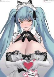 Rule 34 | 1girl, animal ears, apron, black dress, blue hair, breasts, cat ears, character name, cleavage, dress, elbow gloves, fake animal ears, gloves, goddess of victory: nikke, heart, heart hands, highres, huge breasts, ieugama, light blue hair, long hair, looking at viewer, maid, maid headdress, neck bell, official alternate costume, parted lips, patreon username, paw hair ornament, privaty (nikke), privaty (unkind maid) (nikke), simple background, solo, twintails, twitter username, upper body, very long hair, wavy mouth, white apron, white background, white gloves, yellow eyes
