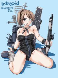 Rule 34 | 1girl, :o, adapted costume, arm support, artist name, bare arms, bare shoulders, black leotard, blue background, blue eyes, blush, breasts, brown hair, character name, cleavage, dated, detached collar, flight deck, full body, gluteal fold, grey footwear, gun, holding, holding gun, holding weapon, intrepid (kancolle), kantai collection, kneeling, large breasts, leaning back, leotard, looking at viewer, open mouth, playboy bunny, ponytail, rigging, shadow, shiny skin, short hair, simple background, sitting, solo, strapless, strapless leotard, tatsumi ray, thighs, turret, twitter username, wariza, weapon, wrist cuffs