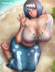 Rule 34 | 1girl, absurdres, arm support, beach, blue eyes, blue hair, breasts, cleavage, creatures (company), feet, game freak, highres, huge breasts, kneeling, lana&#039;s mother (pokemon), lipstick, looking at viewer, makeup, mature female, navel, nintendo, ocean, pink lips, pokemon, pokemon (anime), pokemon sm (anime), sarong, smile, solo, teasing, tessrei dex, thick thighs, thighs, waving