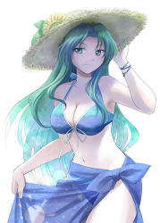 Rule 34 | 1girl, aqua hair, armpits, bad id, bad pixiv id, bare shoulders, bikini, bracelet, breasts, cleavage, female focus, flower, front-tie top, green eyes, hashiyamoto, hat, jewelry, large breasts, long hair, mima (touhou), navel, sarong, smile, solo, straw hat, sunflower, swimsuit, touhou, touhou (pc-98)