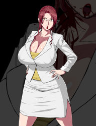 Rule 34 | 1girl, blood, breasts, cleavage, covered erect nipples, glasses, hands on own hips, hayashi kyouko, highschool of the dead, huge breasts, lipstick, long hair, makeup, ml, nail polish, pencil skirt, red hair, skirt, solo, yellow eyes