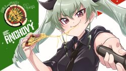 Rule 34 | 1girl, :t, anchovy (girls und panzer), anzio (emblem), artist name, black necktie, black ribbon, black shirt, brown eyes, character name, cheese trail, closed mouth, commentary request, copyright name, dress shirt, drill hair, eating, emblem, food, food on face, foreshortening, girls und panzer, green hair, hair ribbon, holding, holding food, holding riding crop, long hair, looking at viewer, loose necktie, necktie, partial commentary, pizza, pizza slice, pomita, ribbon, riding crop, shirt, signature, sleeves rolled up, smile, solo, twin drills, twintails, wing collar