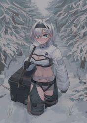 Rule 34 | 1girl, animal ears, arknights, aurora (arknights), bare tree, bear ears, black gloves, black hairband, blue eyes, blush, breasts, cleavage, cleavage cutout, clothing cutout, commentary, crop top, cropped jacket, gloves, grey shorts, hairband, highres, infection monitor (arknights), jacket, large breasts, long sleeves, looking at viewer, max-k, midriff, navel, outdoors, parted lips, short shorts, shorts, silver hair, snow, solo, standing, stomach, symbol-only commentary, thighs, tree, white jacket