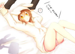 Rule 34 | akane (goma), bed, blush, brown hair, goma (11zihisin), hood, hoodie, lying, on back, open clothes, open mouth, open shirt, orange eyes, original, shirt, shorts, trap