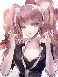 Rule 34 | 1girl, black bra, black shirt, blonde hair, blue eyes, bow, bra, breasts, cleavage, closed mouth, collarbone, cosplay, danganronpa: trigger happy havoc, danganronpa (series), enoshima junko, enoshima junko (cosplay), fake nails, freckles, hair between eyes, hair bow, hair ornament, ikusaba mukuro, long hair, looking at viewer, nail polish, necktie, open clothes, open shirt, rabbit hair ornament, red bow, red nails, shirt, sleeves rolled up, small breasts, smile, solo, spoilers, twintails, twitter username, two-tone bow, underwear, upper body, very long hair, white bow, yellow necktie, z-epto (chat-noir86)