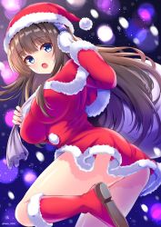 Rule 34 | 1girl, ass, azur lane, blue eyes, blush, breasts, brown hair, christmas, commentary request, dress, hat, headphones, highres, kamishiro (rsg10679), large breasts, long hair, long island (azur lane), long sleeves, open mouth, santa costume, santa dress, santa hat, snow, solo, thighs, very long hair