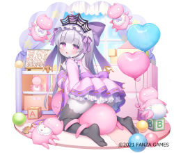 Rule 34 | 1girl, :d, ass, balloon, black pantyhose, black thighhighs, bow, breasts, character request, commentary request, copyright notice, curtains, day, dress, from behind, fruits fulcute!, grey hair, hair bow, hand up, heart balloon, long hair, long sleeves, looking at viewer, looking back, medium breasts, no shoes, official art, open mouth, pantyhose, pink dress, pleated dress, purple bow, purple eyes, ribbon-trimmed dress, simple background, smile, soles, solo, thick eyebrows, thighhighs, toy block, usashiro mani, very long hair, watermark, white background, wide sleeves, window