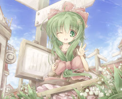 Rule 34 | 1girl, bad id, bad pixiv id, blue sky, day, female focus, flower, front ponytail, green eyes, green hair, hair ornament, hairclip, highres, house, itsutsuki, kagiyama hina, leaf, lily of the valley, matching hair/eyes, one eye closed, open mouth, road sign, sign, sky, solo, tareme, touhou, waving, wink