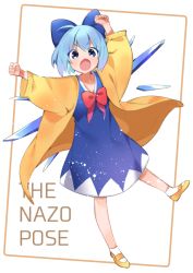 Rule 34 | 1girl, :o, ahoge, akagashi hagane, arms up, blue bow, blue dress, blue eyes, blue hair, blush, bow, cirno, clenched hands, commentary request, dress, full body, hair bow, ice, ice wings, jacket, long sleeves, looking at viewer, mary janes, open mouth, red bow, red neckwear, shoes, short hair, simple background, socks, solo, touhou, v-shaped eyebrows, white background, white socks, wide sleeves, wings, yellow footwear, yellow jacket