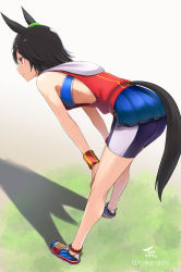 Rule 34 | 1girl, absurdres, animal ears, ass, bare shoulders, bent over, bike shorts, black hair, blue footwear, blue shorts, blue skirt, breasts, closed mouth, commentary request, from side, grey background, hair ornament, hairclip, highres, horse ears, horse girl, horse tail, looking away, pleated skirt, profile, red eyes, shoes, short shorts, shorts, shorts under skirt, signature, skirt, small breasts, smile, solo, standing, sweatband, tail, tea (nakenashi), twitter username, umamusume, winning ticket (umamusume), wristband
