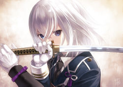 Rule 34 | 10s, 1boy, androgynous, artist name, black necktie, blue eyes, capriccio, collared shirt, dated, gloves, hair between eyes, heart, holding, holding sword, holding weapon, honebami toushirou, katana, looking at viewer, male focus, military, military uniform, necktie, shirt, signature, solo, sword, touken ranbu, uniform, upper body, weapon, white gloves, white hair