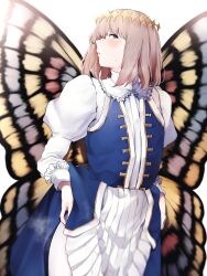 Rule 34 | 1boy, black wings, blonde hair, blue dress, blue eyes, blue wings, blush, butterfly wings, clothes lift, commentary request, crown, diamond crown, diamond hairband, dress, dress lift, fate/grand order, fate (series), frilled dress, frilled sleeves, frills, hairband, half-closed eyes, hands under dress, heavy breathing, highres, insect wings, lifting own clothes, long sleeves, looking at viewer, looking to the side, male focus, multicolored clothes, multicolored dress, multicolored wings, oberon (fate), parted lips, puffy long sleeves, puffy sleeves, red wings, sausu hitori, solo, sweatdrop, tagme, teeth, trap, white background, white dress, wings, yellow dress, yellow hairband, yellow headwear, yellow trim, yellow wings