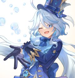 1girl ;d absurdres ahoge anemonaris animal animal_hug back_bow blue_bow blue_coat blue_eyes blue_gemstone blue_gloves blue_hair blue_hat bow bright_pupils brooch bubble coat commentary_request floating_hair furina_(genshin_impact) gem genshin_impact gloves gold_trim hair_between_eyes hair_intakes half_gloves hat hat_bow highres jewelry light_blue_hair long_hair looking_at_viewer low_ponytail multicolored_hair one_eye_closed open_mouth reaching reaching_towards_viewer simple_background sleeve_cuffs smile solo split_ponytail surintendante_chevalmarin top_hat two-tone_hair upper_body very_long_hair vest waistcoat wavy_hair white_background white_hair